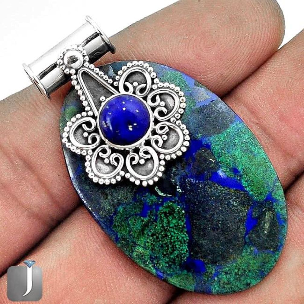 SLEEK NATURAL GREEN MALACHITE IN AZURITE LAPIS 925 SILVER PENDANT JEWELRY G31207