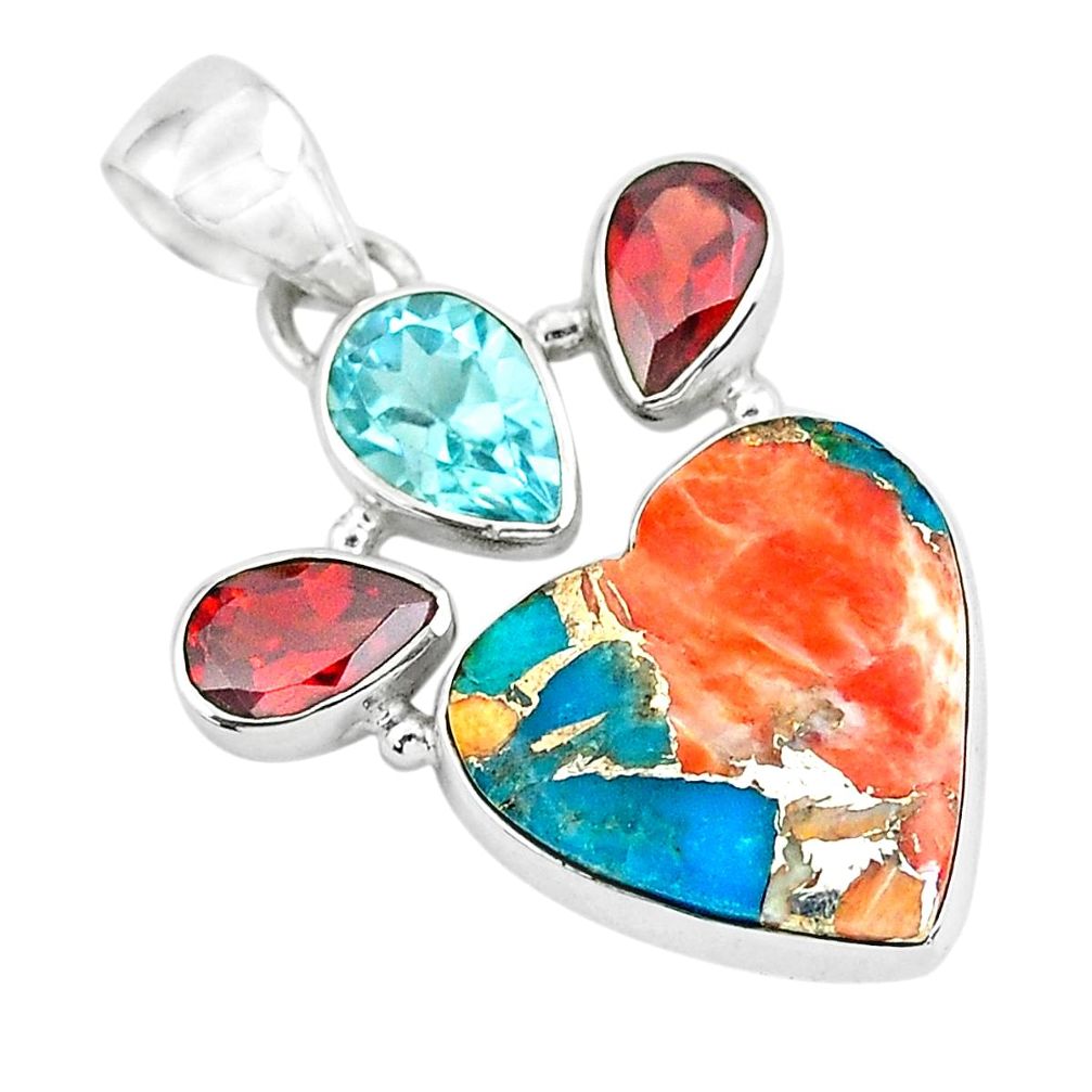 14.72cts spiny oyster arizona turquoise 925 silver heart shape pendant p65354