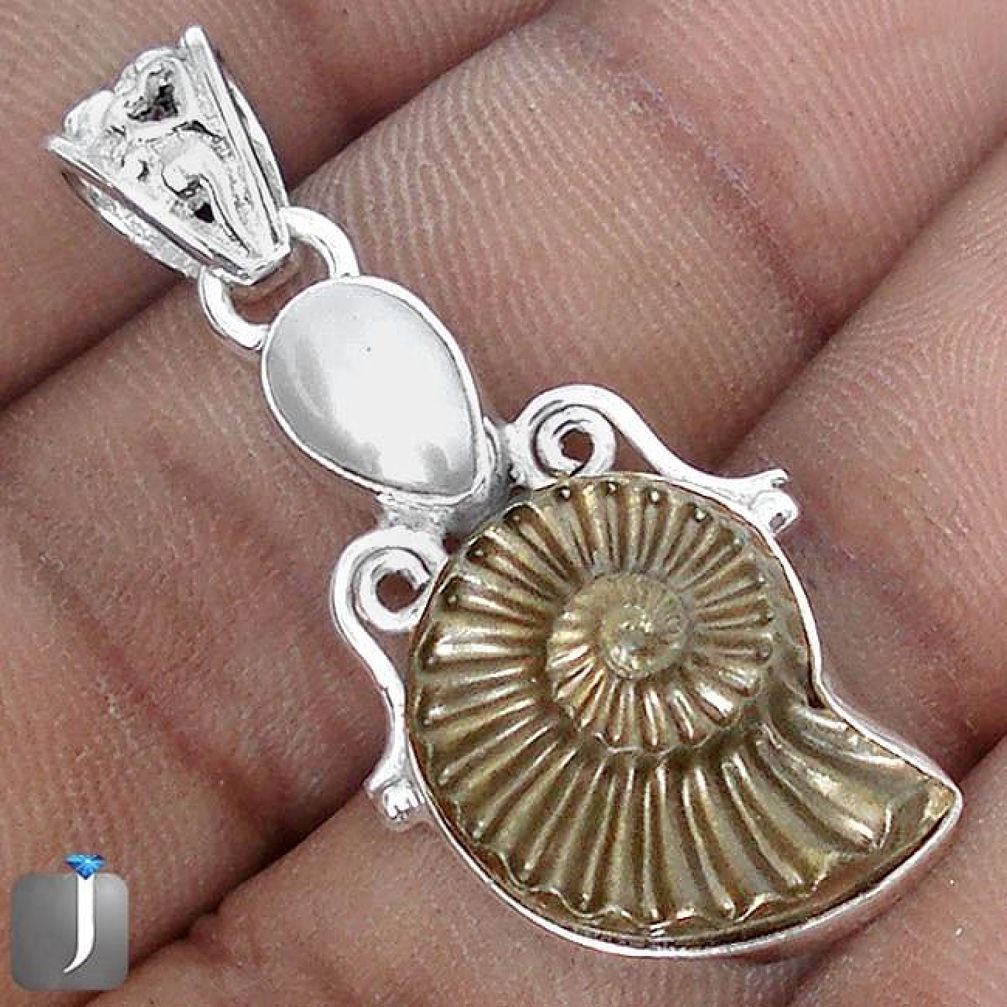 STUNNING NATURAL BROWN PYRITE AMMONITE PEARL 925 STERLING SILVER PENDANT G14866