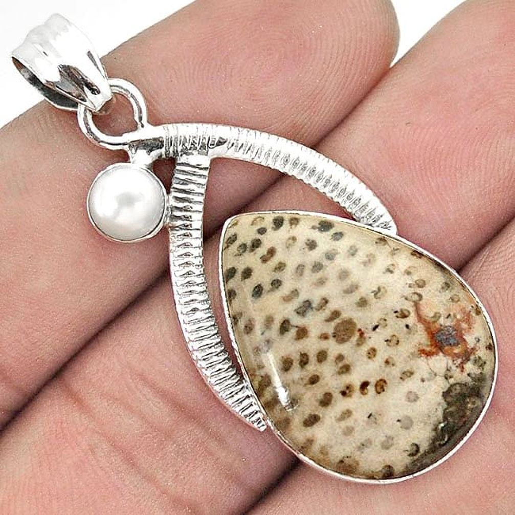 SUBLIME 925 SILVER PENDANT JEWELRY NATURAL BROWN PLUM WOOD JASPER PEARL G92409