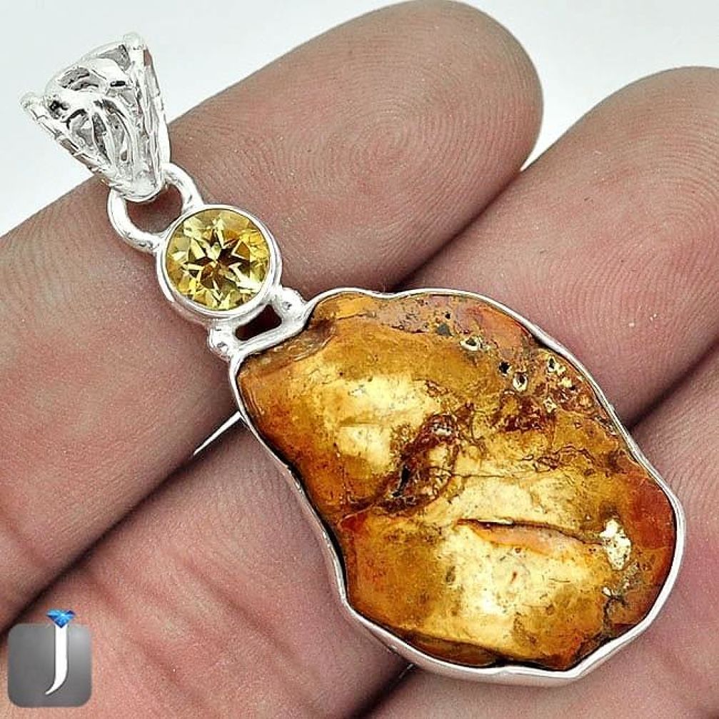 SUPERB NATURAL BROWN PETRIFIED WOOD FOSSIL CITRINE 925 SILVER PENDANT G14633