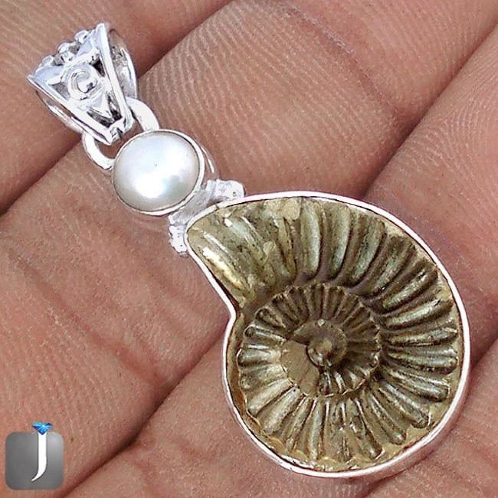 SUPERB NATURAL BROWN PYRITE AMMONITE PEARL 925 STERLING SILVER PENDANT G14878