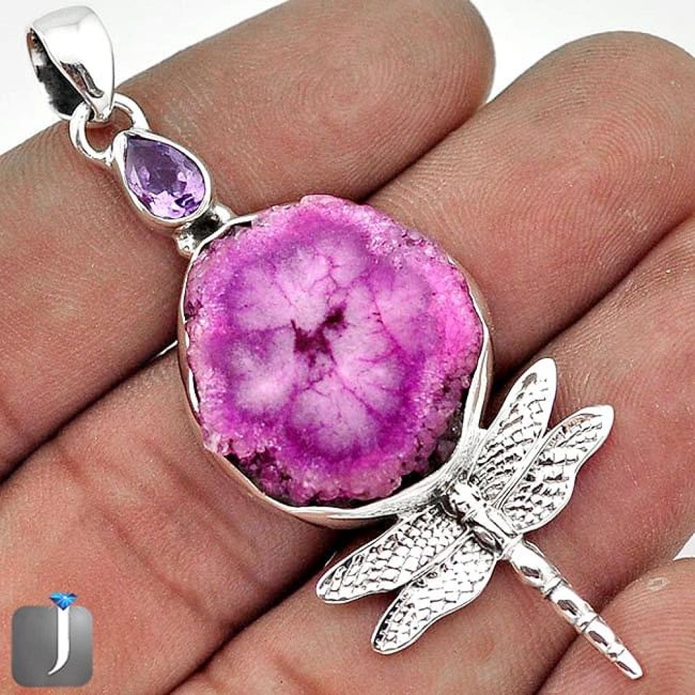 SUPERB PINK DRUZY AMETHYST 925 STERLING SILVER DRAGONFLY PENDANT JEWELRY G27831