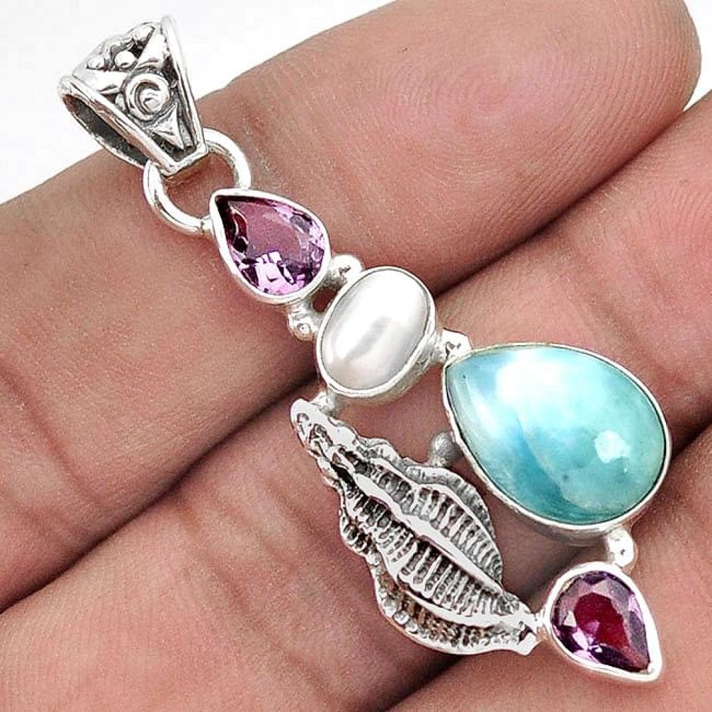 SUPERIOR NATURAL BLUE LARIMAR AMETHYST PEARL 925 SILVER SEA SHELL PENDANT G92358