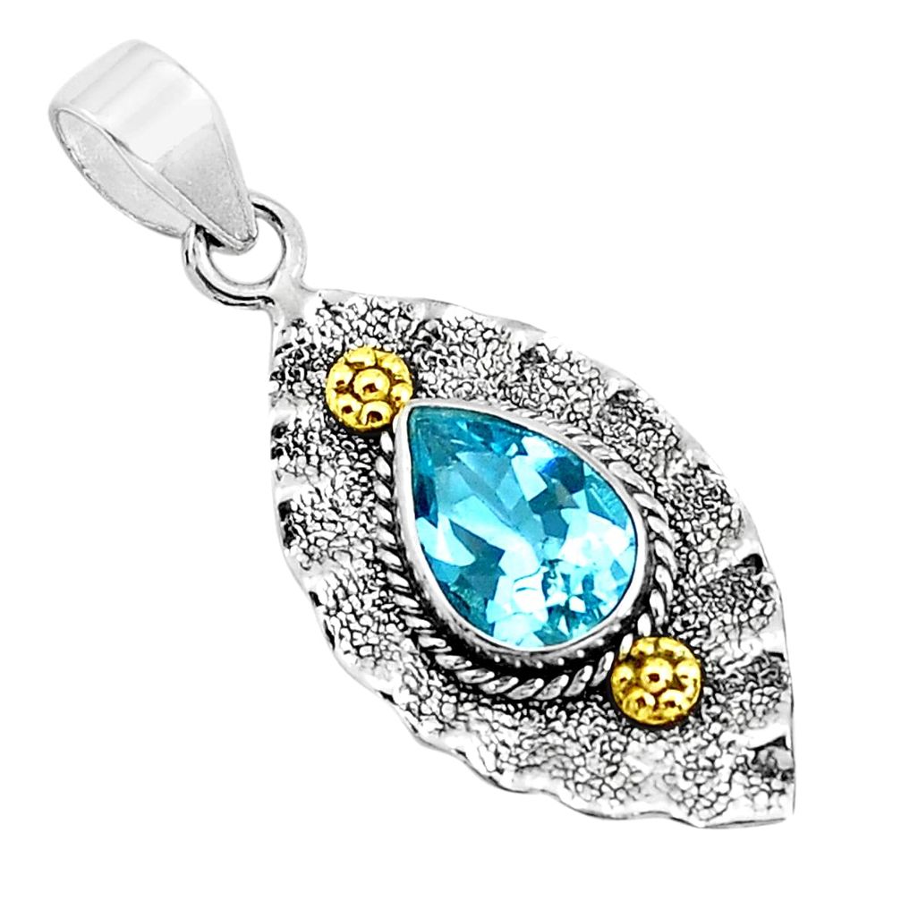 4.23cts victorian natural blue topaz 925 sterling silver two tone pendant p37701