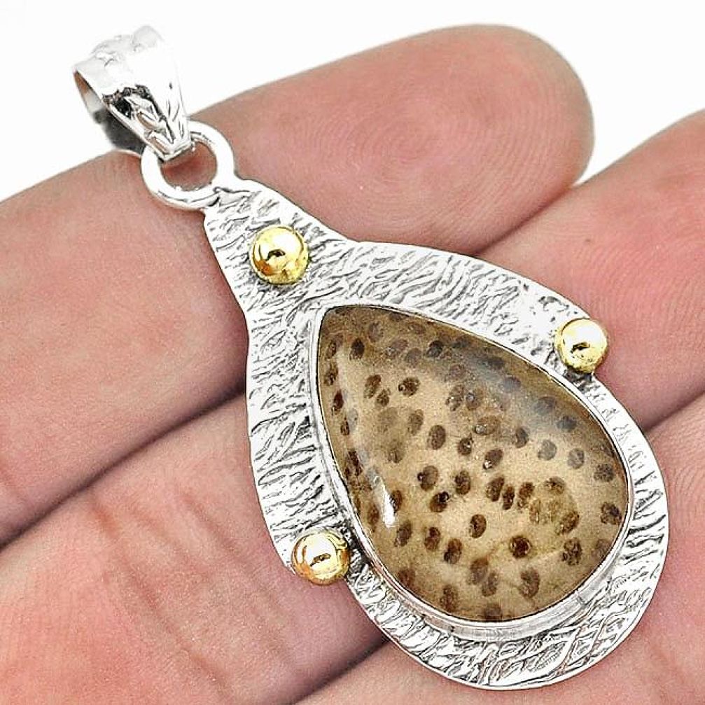 VICTORIAN NATURAL BROWN PLUM WOOD JASPER 925 SILVER 14K GOLD PENDANT G92402