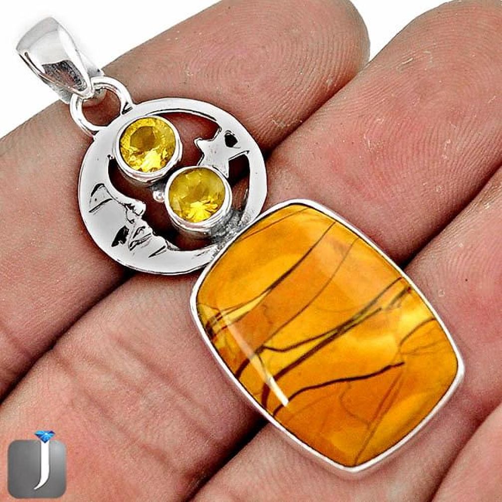 16.65cts YELLOW MATRIX OPAL CITRINE 925 SILVER CRESCENT MOON STAR PENDANT G47174