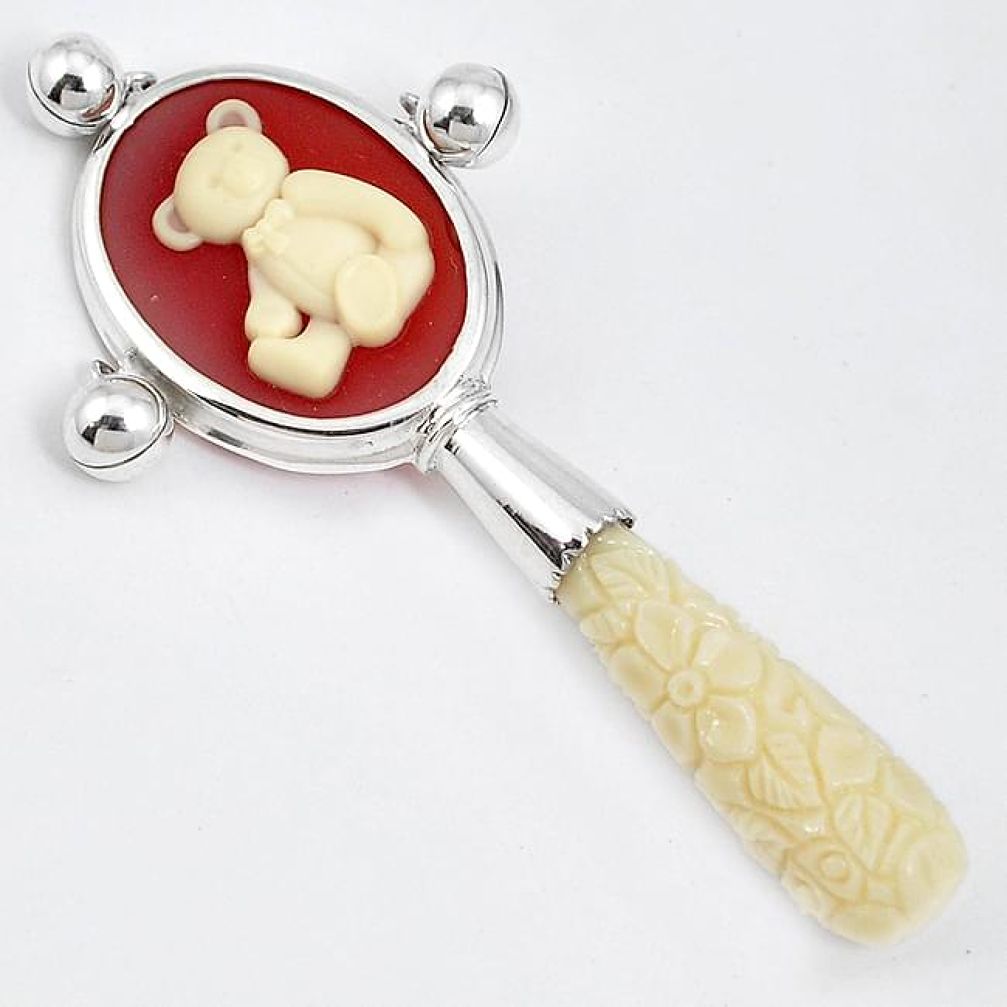 925 sterling silver white carved coral teddy bear cameo rattle jewelry h50249