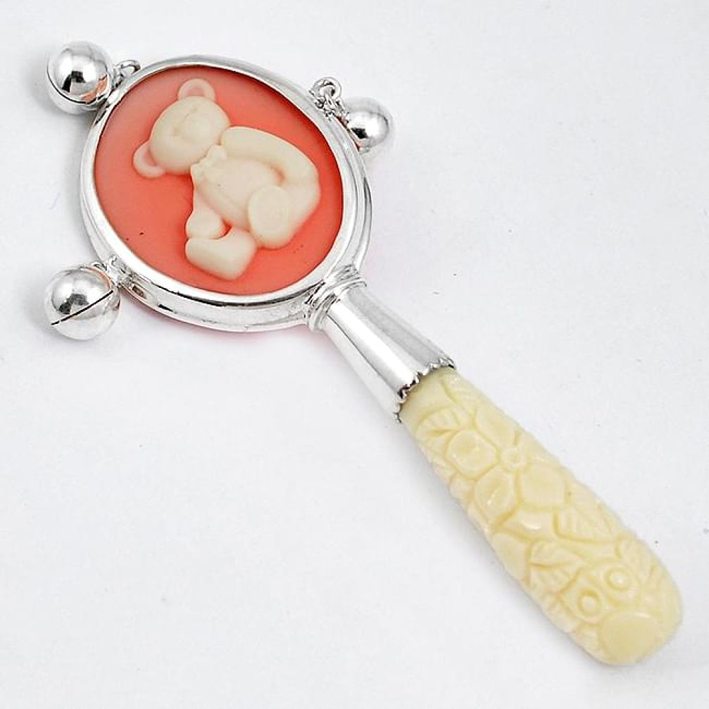 925 sterling silver white coral cameo oval cat rattle jewelry h50255