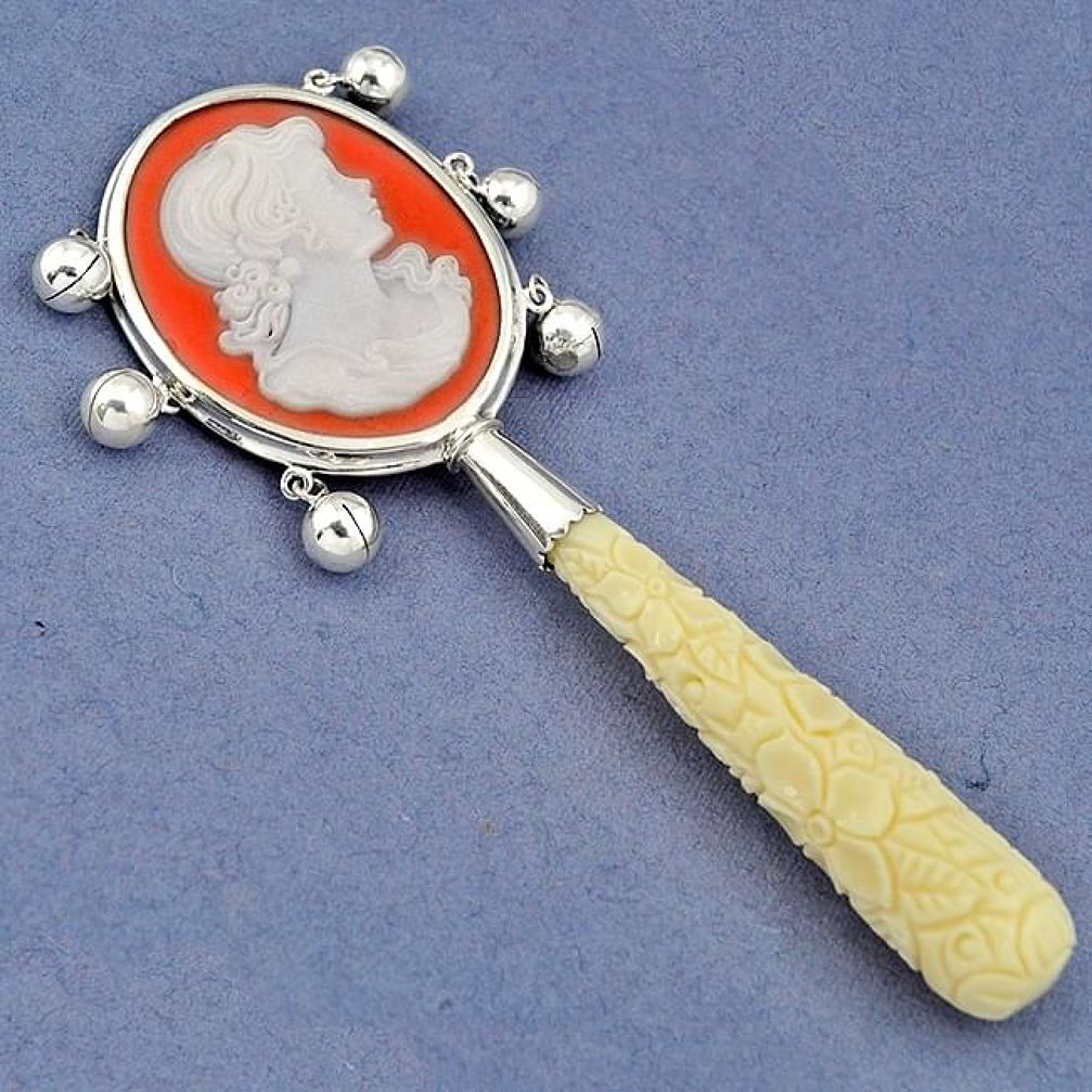 925 STERLING VICTORIAN WHITE CARVED CORAL CAMEO SILVER RATTLE JEWELRY H42814
