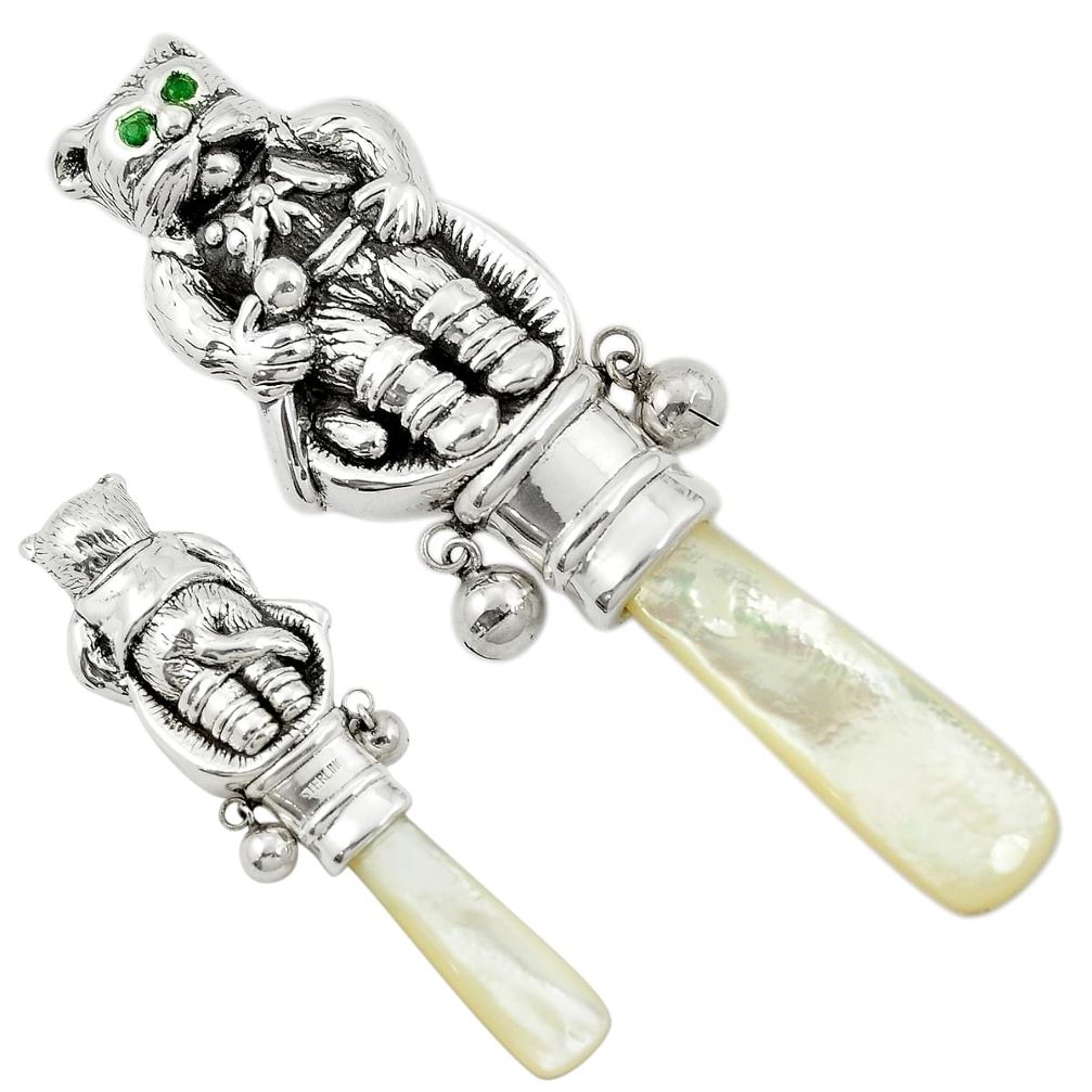 Baby toy tiger blister pearl emerald quartz 925 sterling silver rattle a82105