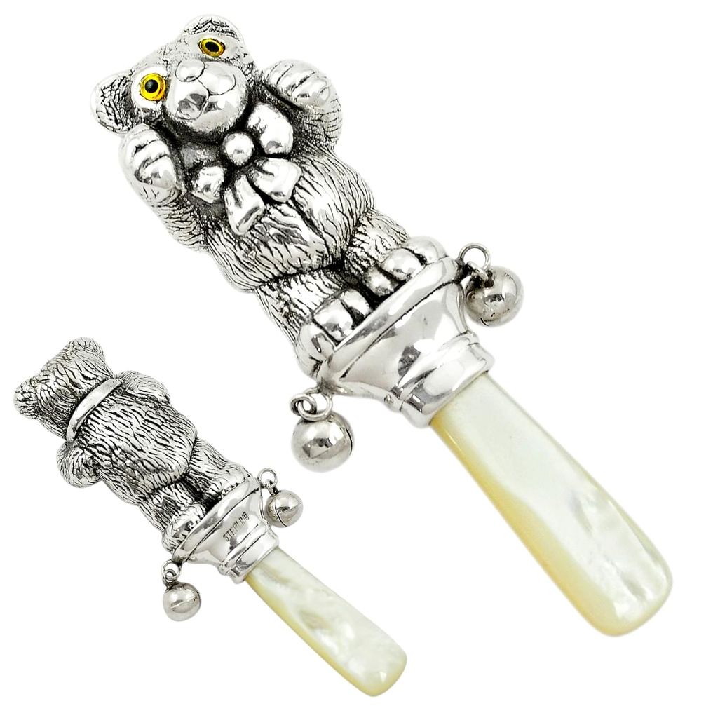 Baby toy bear blister pearl 925 sterling silver rattle jewelry a82106