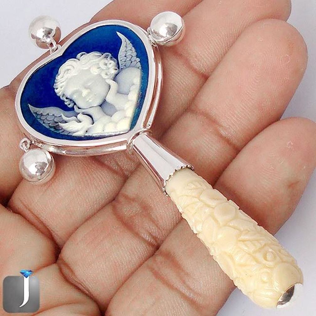 BABY ANGEL WINGS CAMEO 925 STERLING SILVER CARVED HEART RATTLE JEWELRY G43281