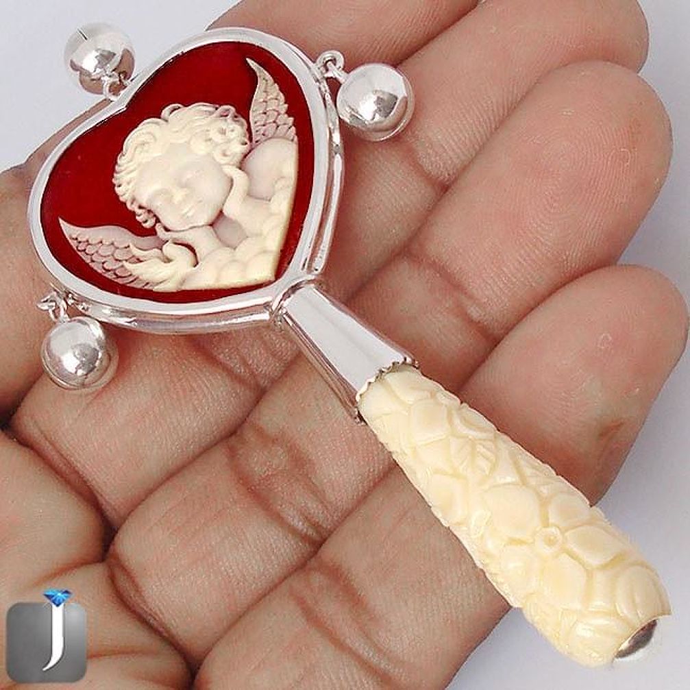 BABY ANGEL WINGS CAMEO 925 STERLING SILVER CARVED HEART RATTLE JEWELRY G43294