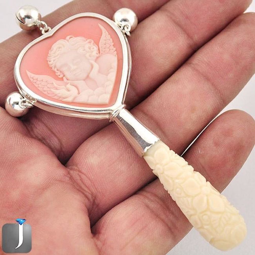 BABY ANGLE WINGS CAMEO 925 STERLING SILVER CARVED HEART RATTLE JEWELRY G39286