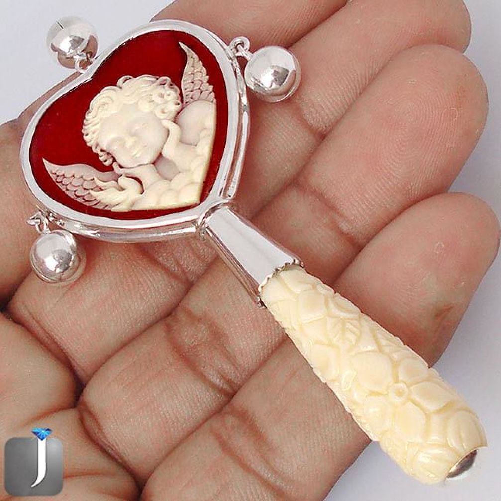 BABY ANGLE WINGS CAMEO 925 STERLING SILVER CARVED HEART RATTLE JEWELRY G39299