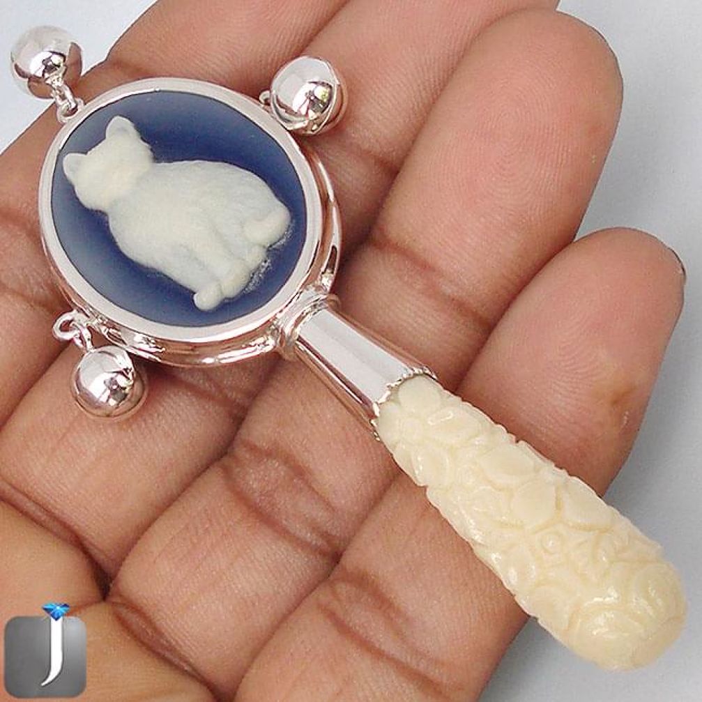 44.66cts CAT CAMEO ENAMEL CARVING 925 SILVER TOY BABY RATTLE JEWELRY G39290