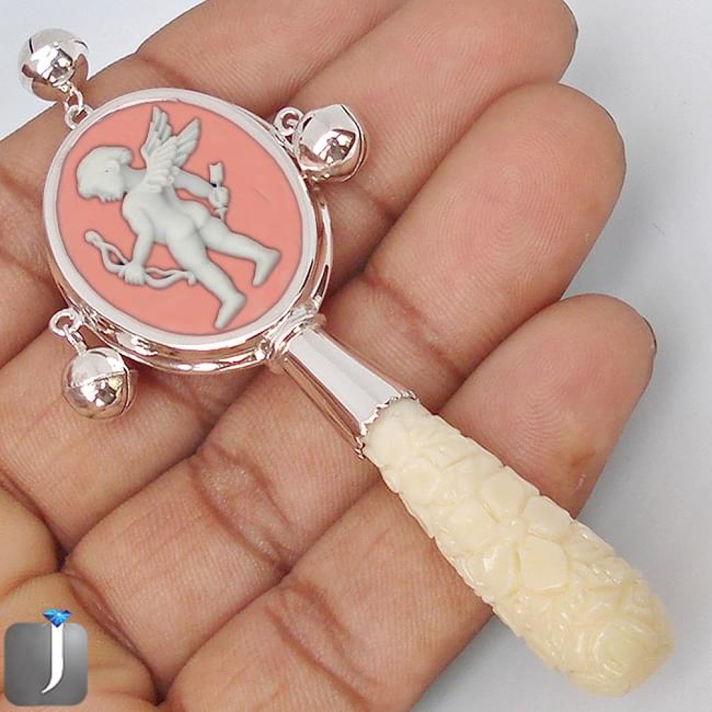 CUPID WITH BOW ARROW CAMEO CARVING 925 STERLING SILVER TOY RATTLE JEWELRY G39282