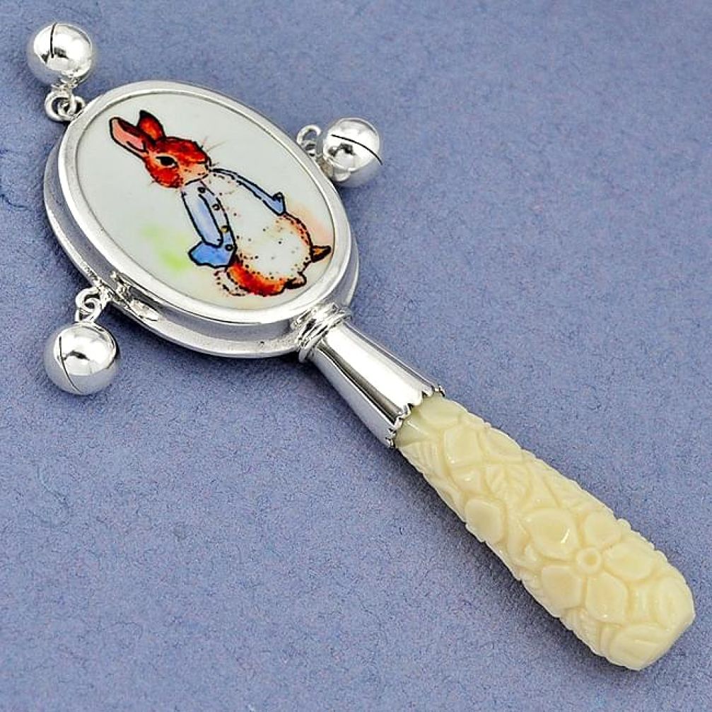 MAGICAL WHITE CARVED CORAL RABBIT CAMEO STERLING SILVER RATTLE JEWELRY H42804