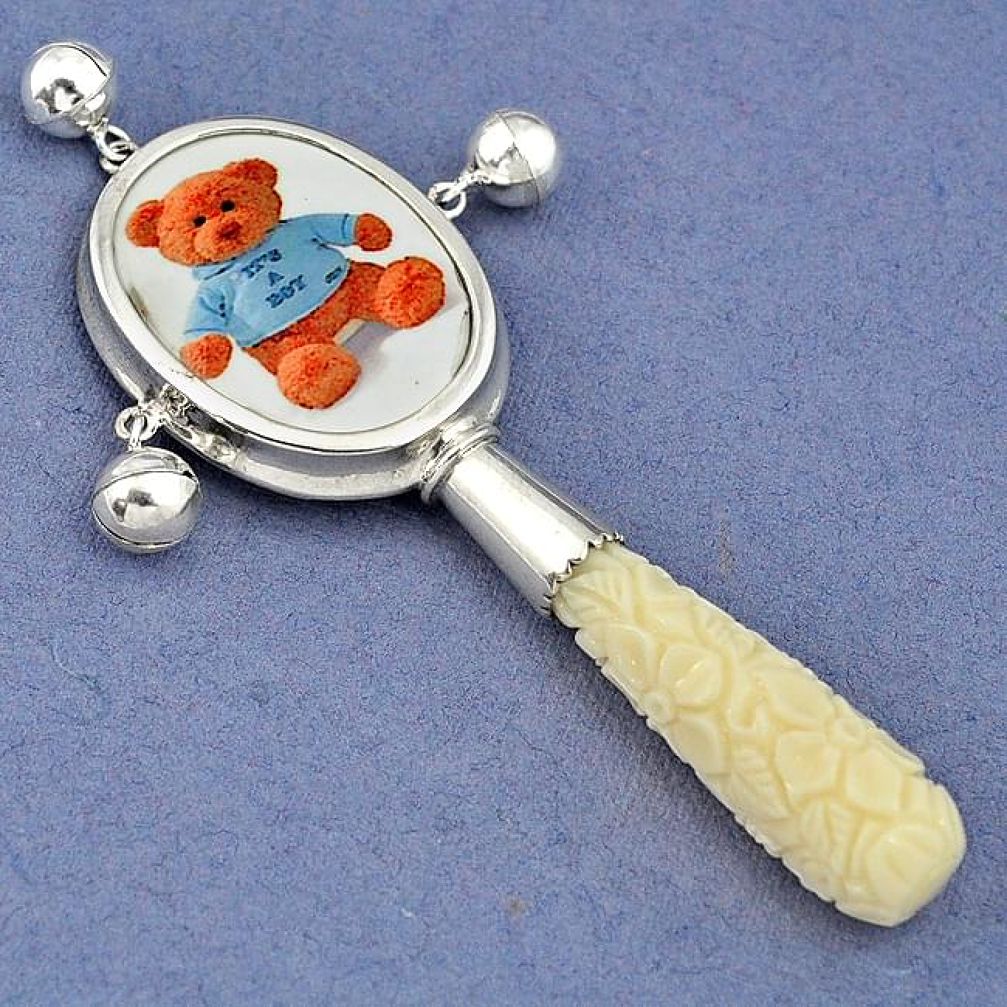 MULTI COLOR TEDDY BEAR CARVED CORAL 925 STERLING SILVER RATTLE JEWELRY H42820