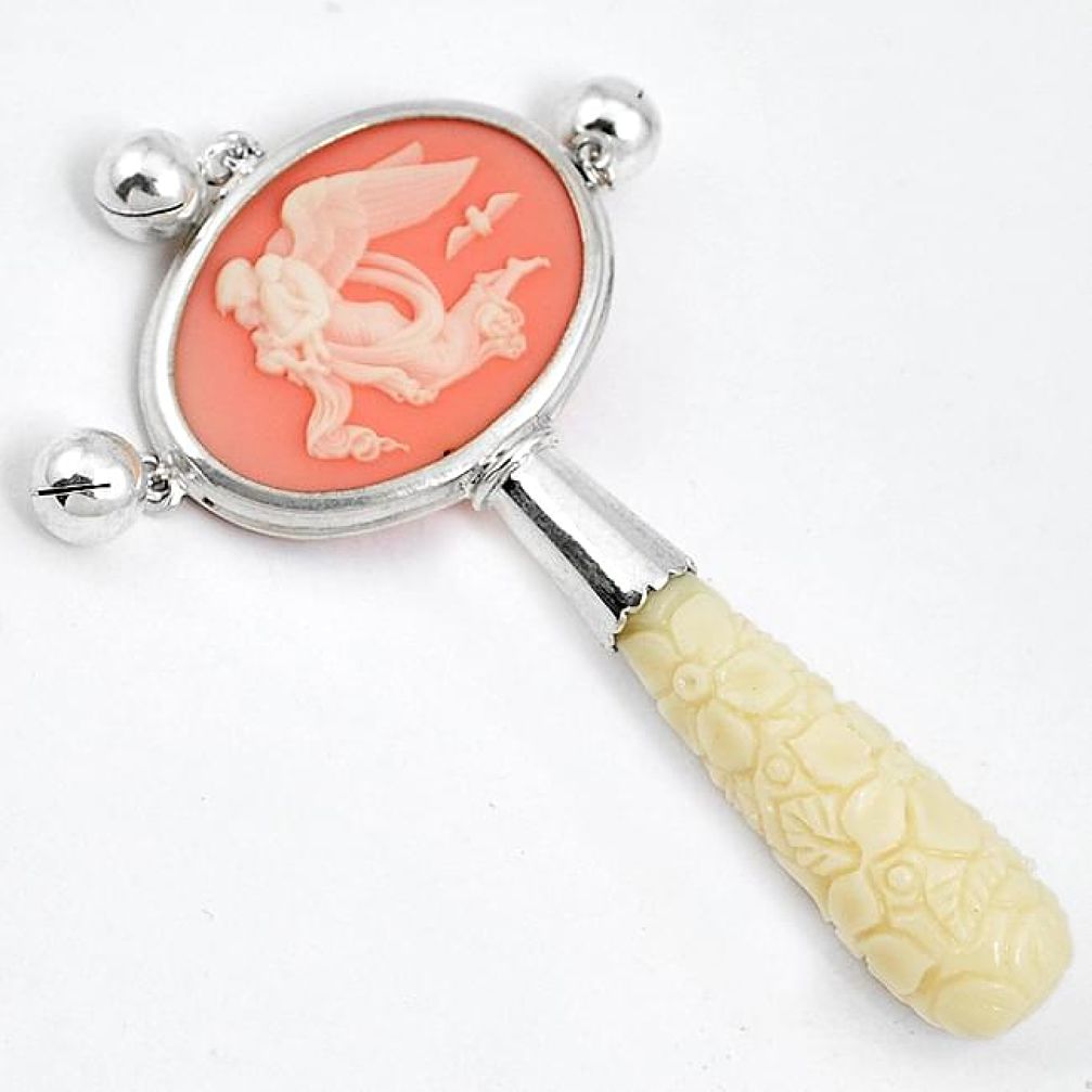 Pink angel cameo carved coral solid 925 sterling silver baby rattle h50247