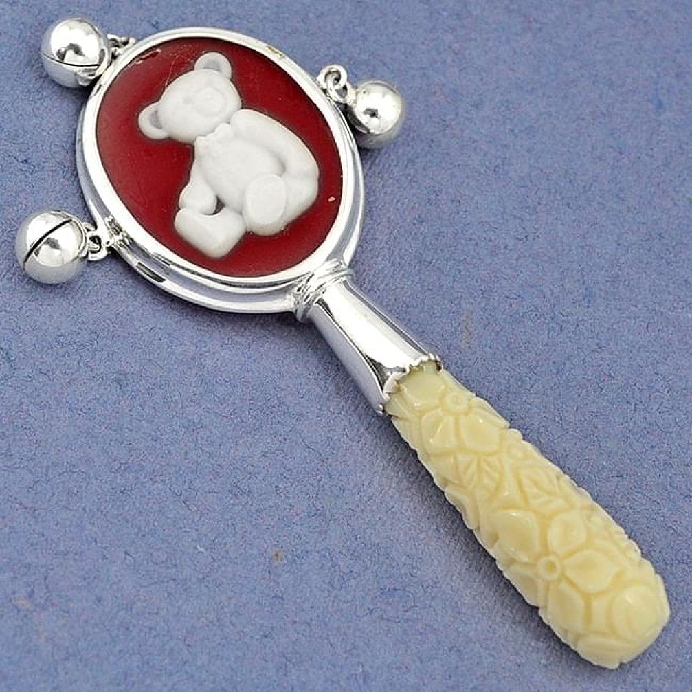 WHITE CARVED CORAL TEDDY BEAR CAMEO 925 STERLING SILVER RATTLE JEWELRY H42802