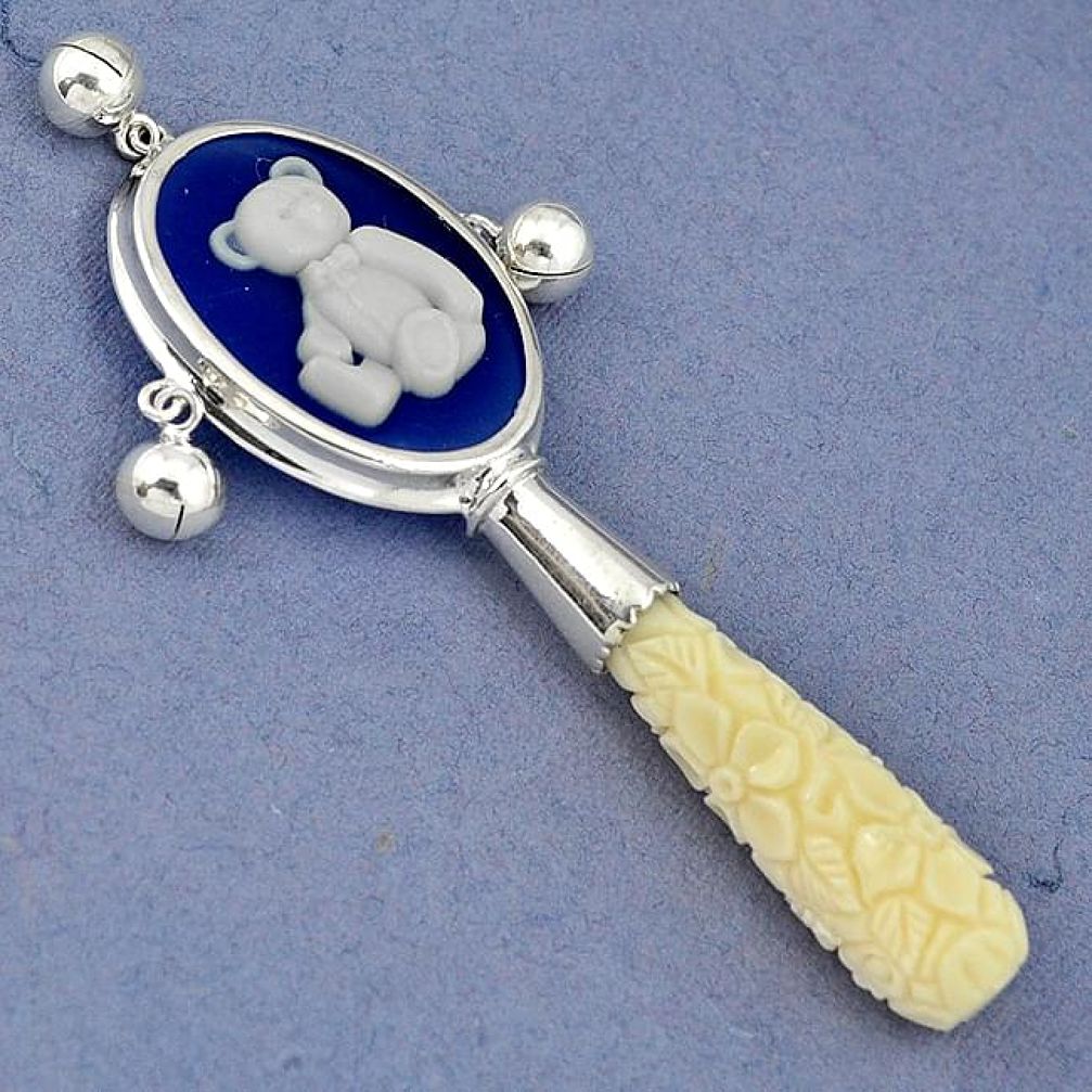 WHITE CARVED CORAL TEDDY BEAR CAMEO 925 STERLING SILVER RATTLE JEWELRY H42818