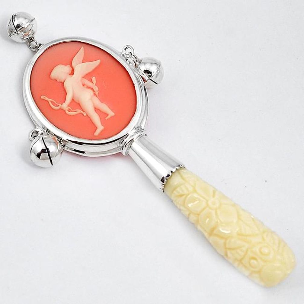 White coral cameo baby angel arrow 925 sterling silver rattle jewelry h50256