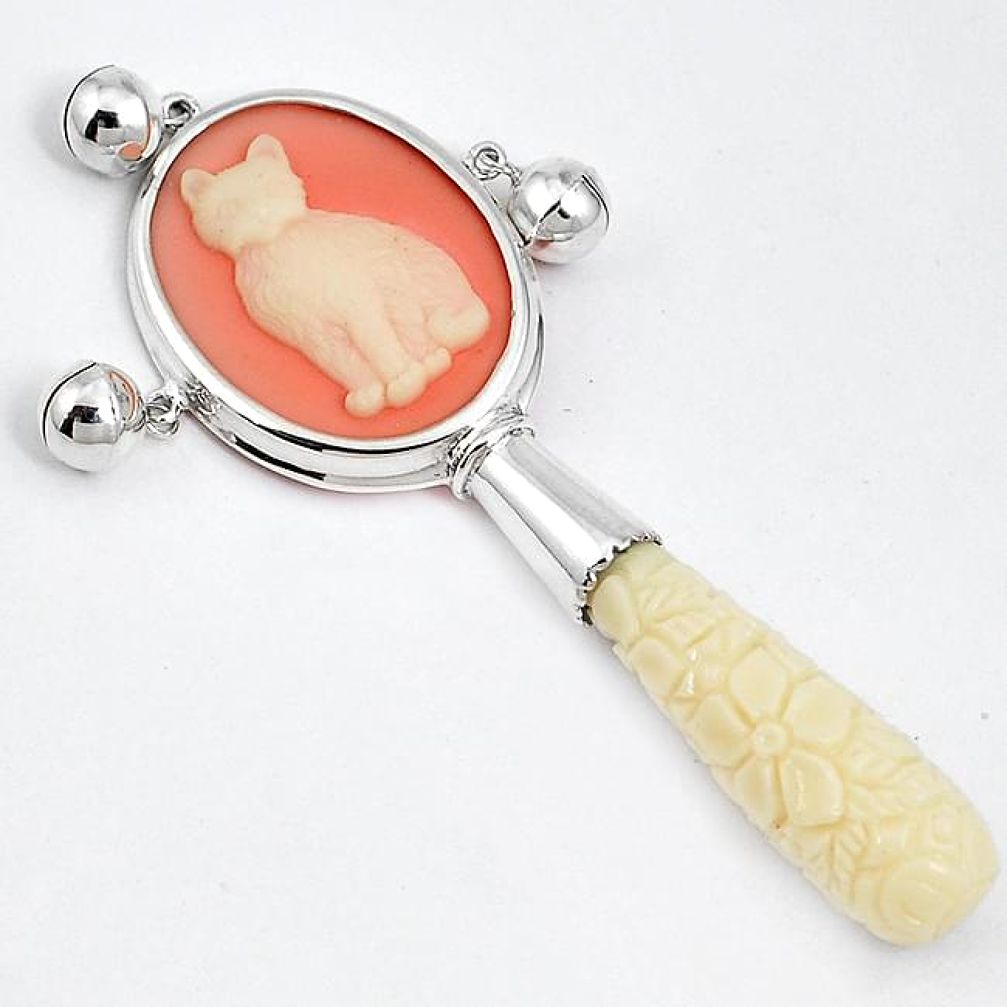 White coral cameo oval 925 sterling silver cat rattle jewelry h50254