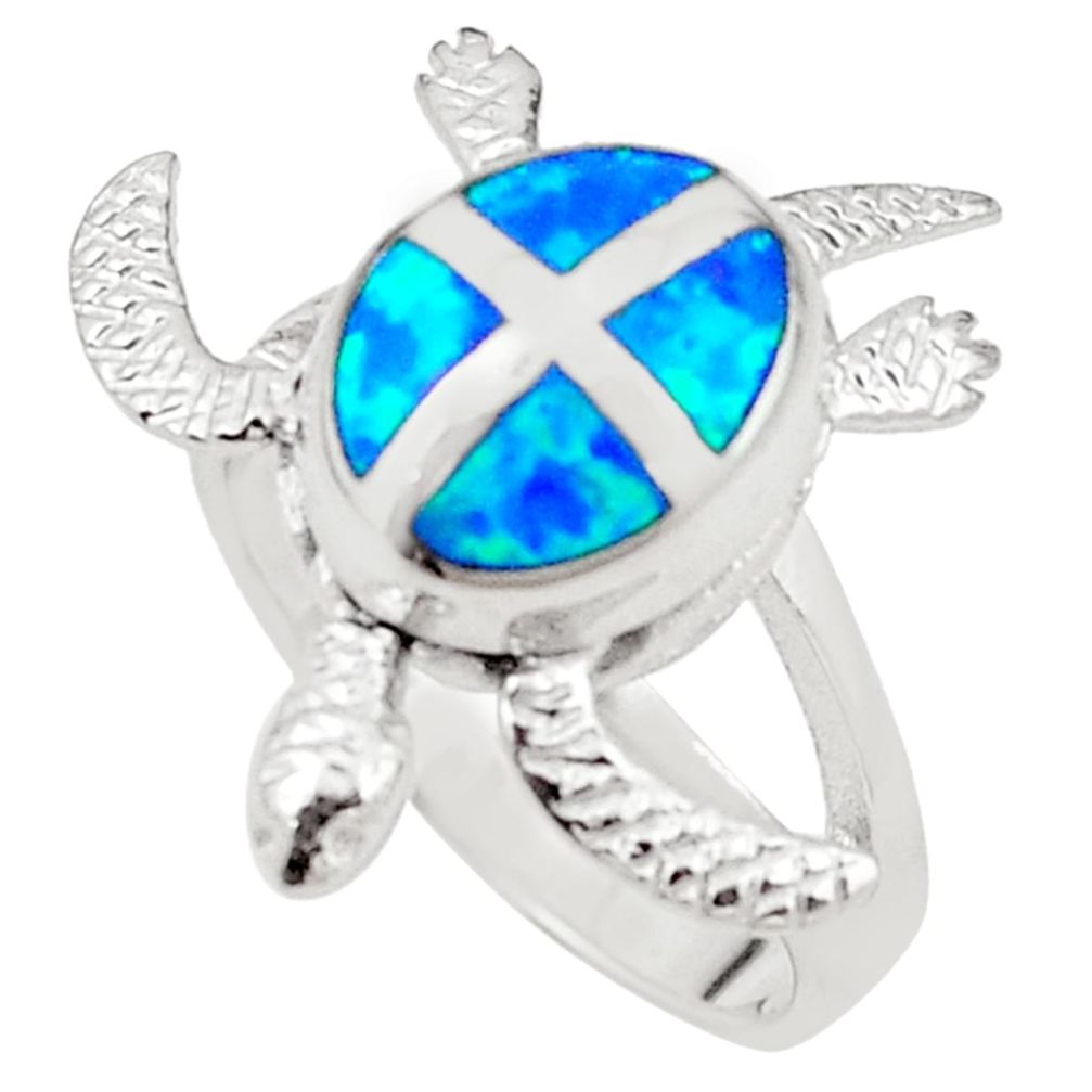 925 silver blue australian opal (lab) tortoise ring jewelry size 7.5 a73500