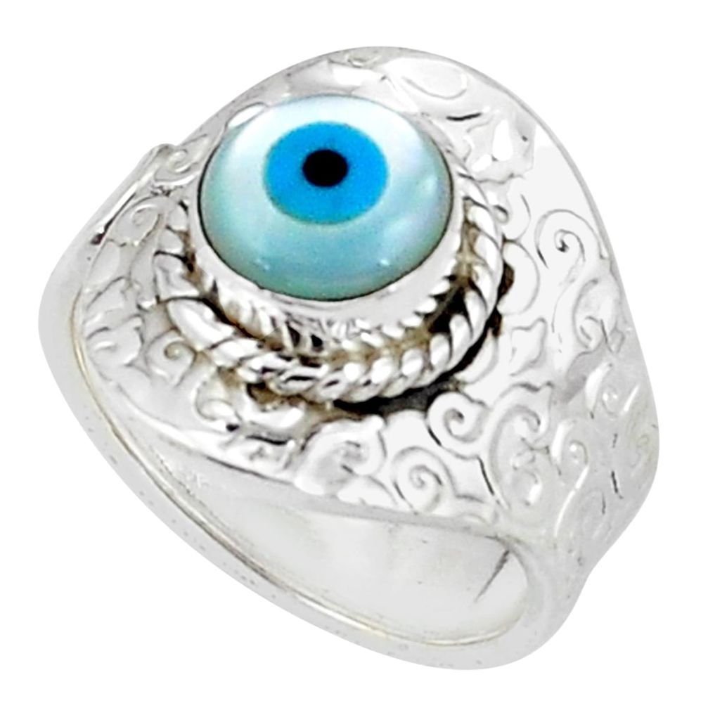 925 silver 3.28cts blue evil eye talismans round adjustable ring size 7.5 p57110