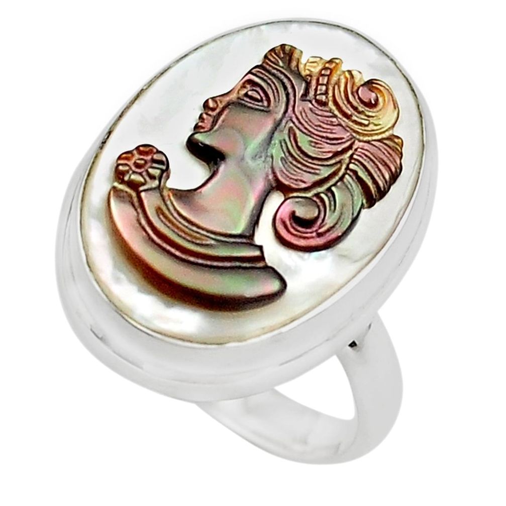 925 silver 11.74cts lady face natural titanium cameo on shell ring size 7 p80119