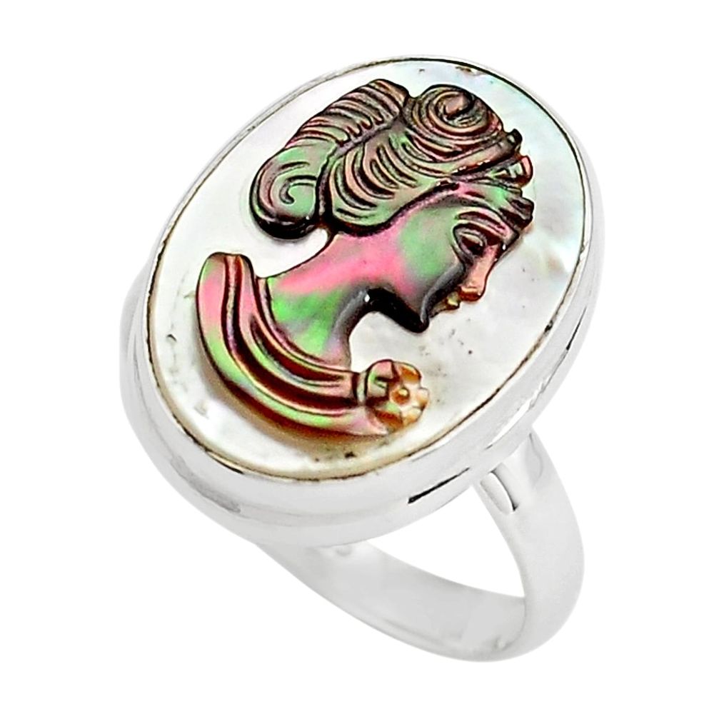 925 silver 12.07cts lady face natural titanium cameo on shell ring size 8 p80124