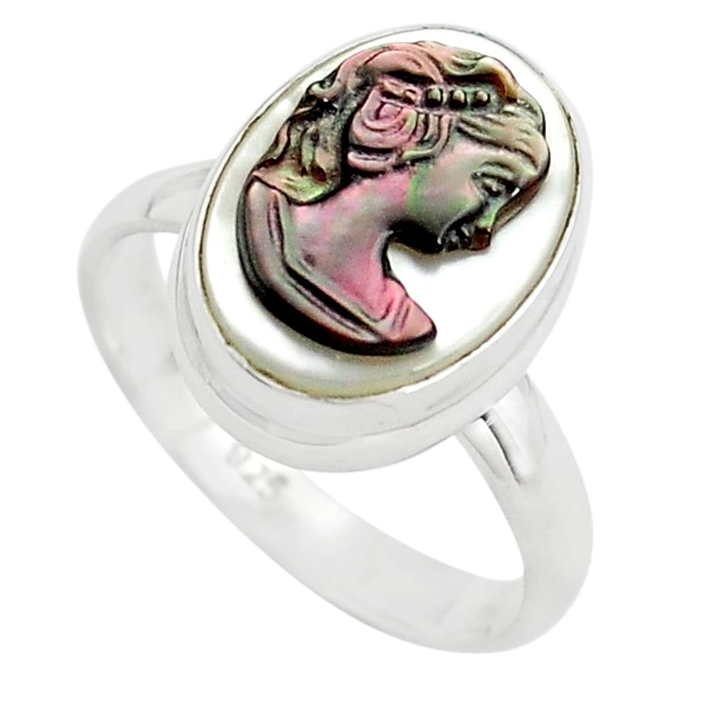 925 silver 5.96cts lady face natural titanium cameo on shell ring size 8 p80144