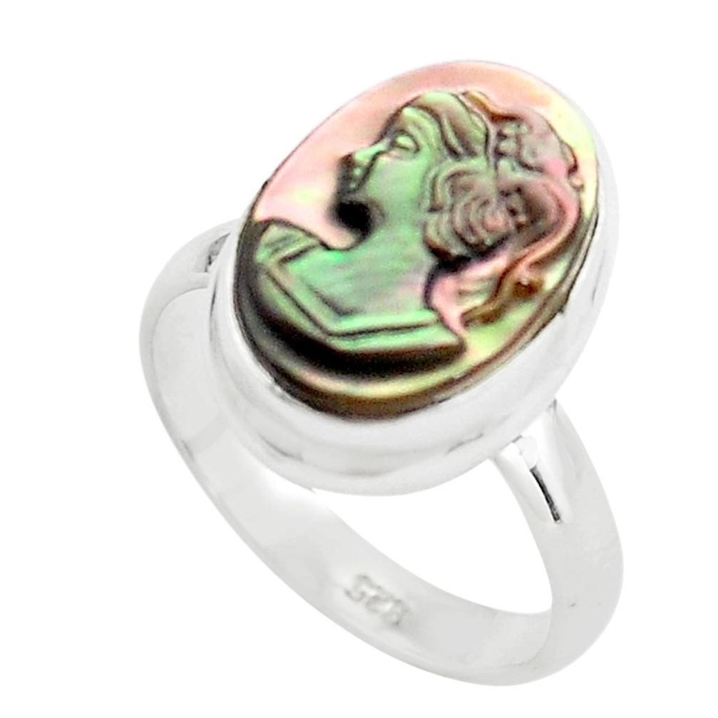 925 silver 5.96cts lady face natural titanium cameo on shell ring size 7 p80152