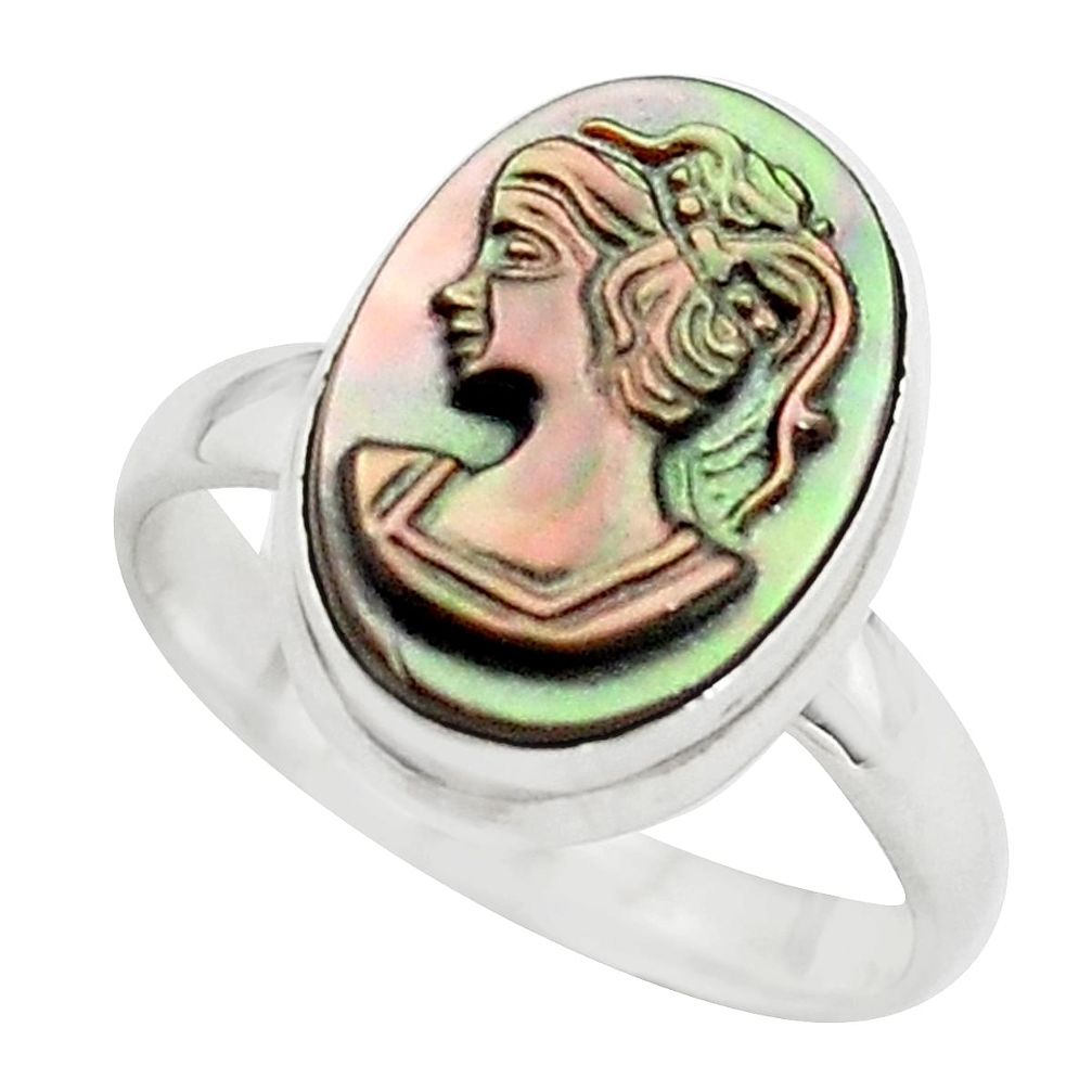 925 silver 5.64cts lady face natural titanium cameo on shell ring size 7 p80159