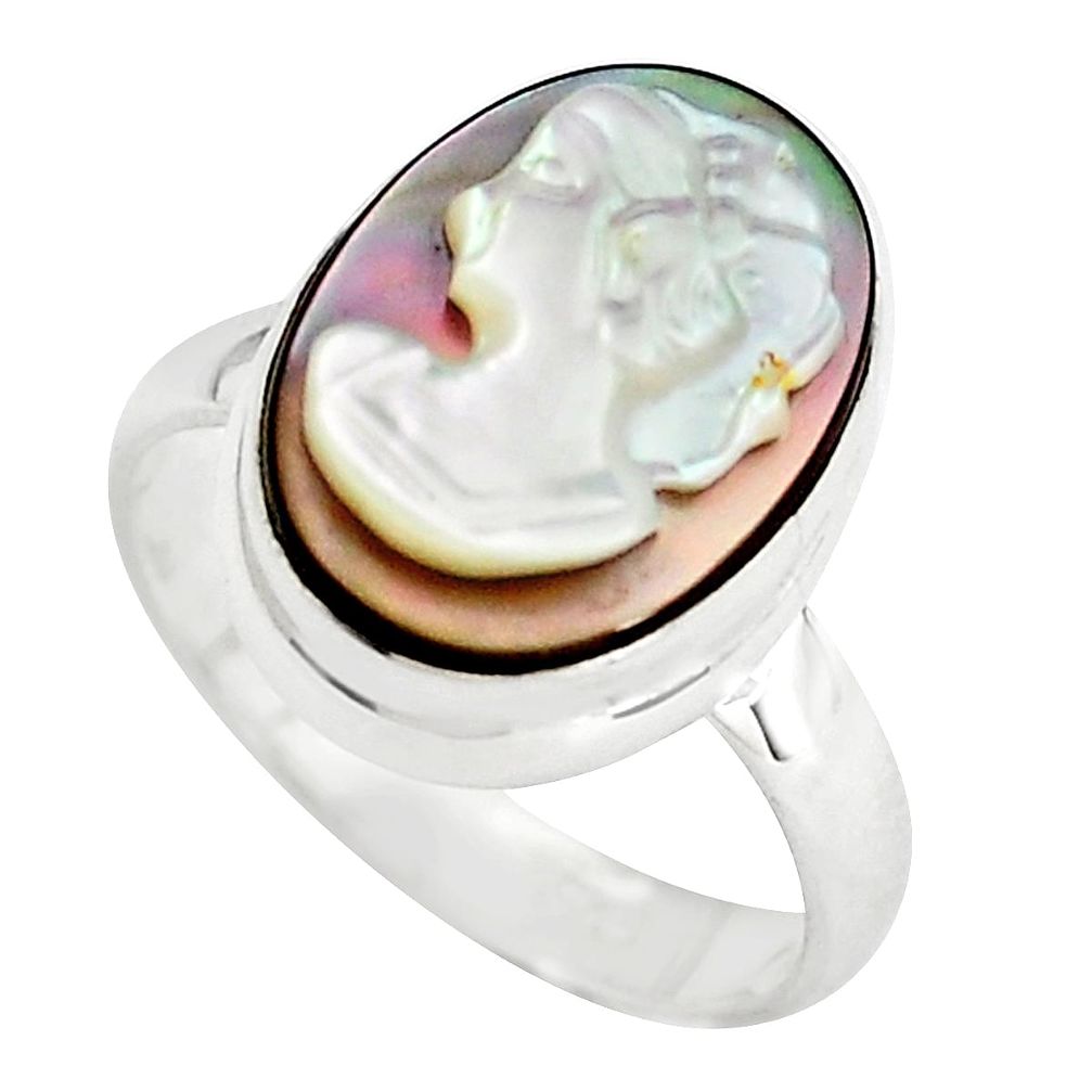 925 silver 5.45cts lady face natural titanium cameo on shell ring size 6 p80164