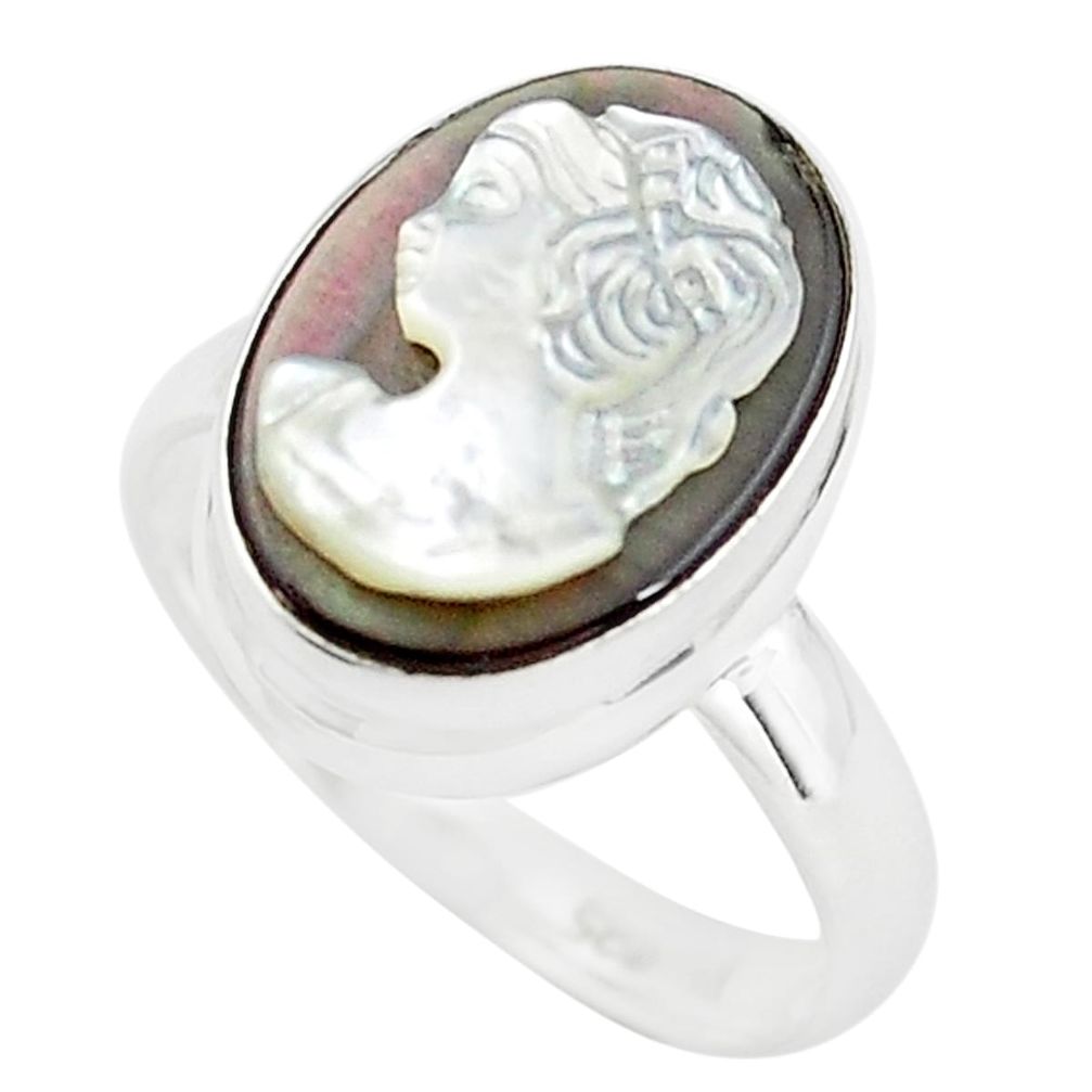 925 silver 5.64cts lady face natural titanium cameo on shell ring size 7 p80173