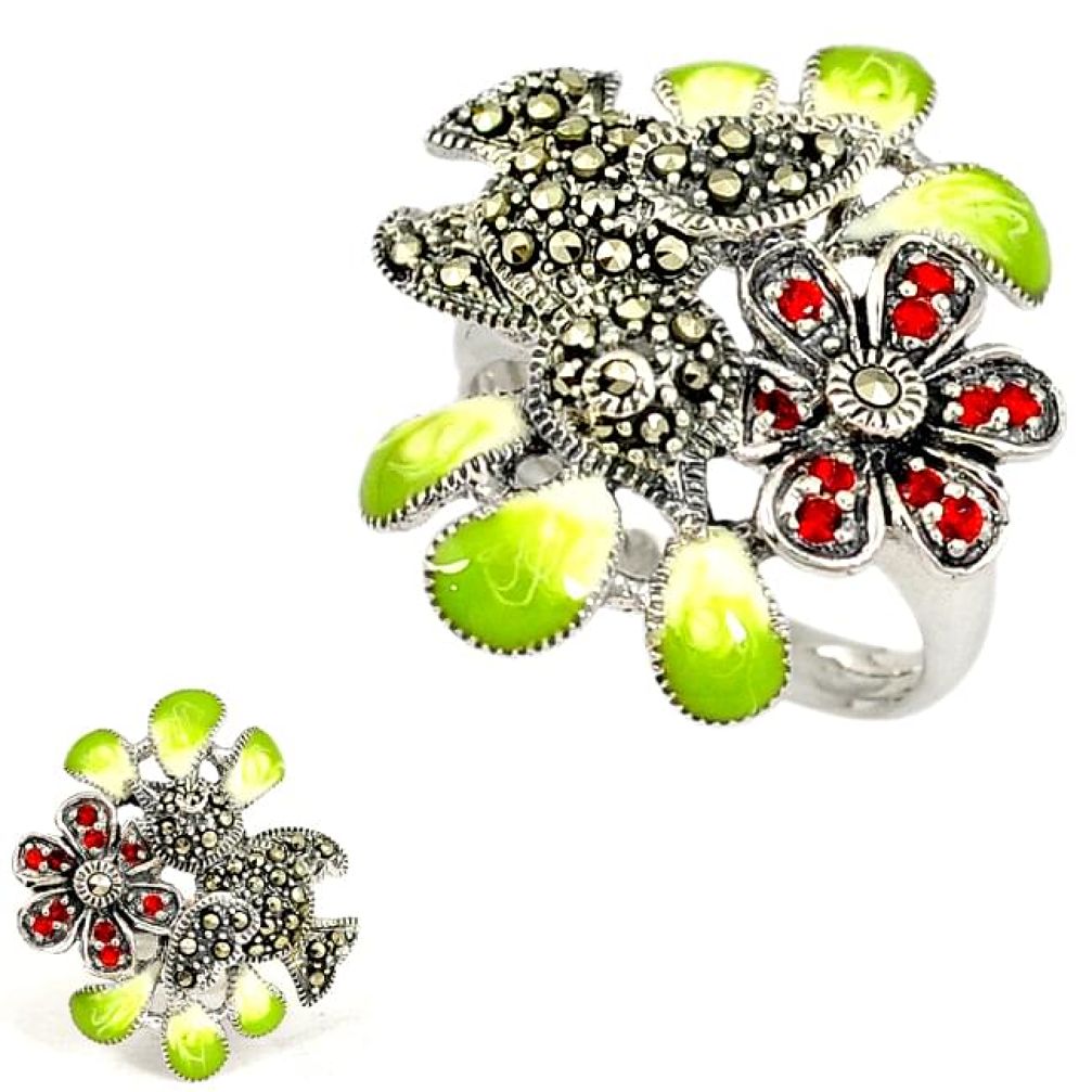 925 silver multi color enamel garnet marcasite bird flower ring size 8 h52678