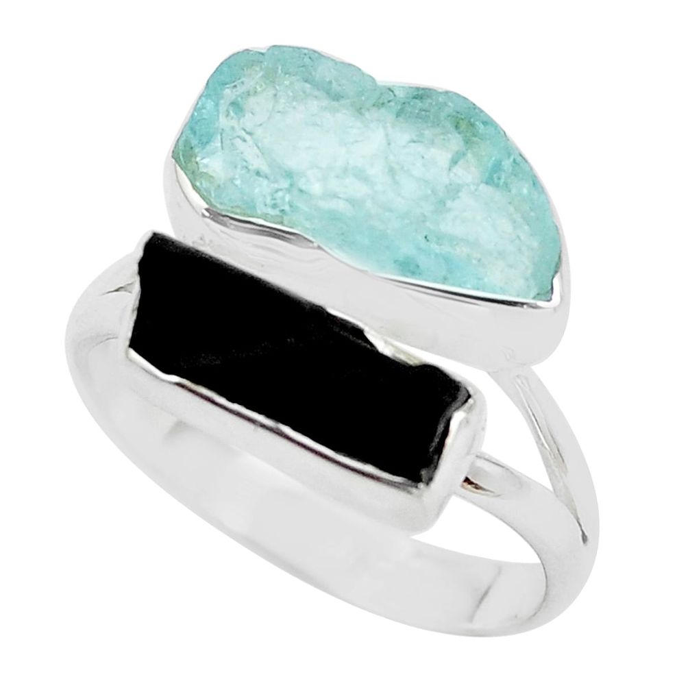 925 silver natural aqua aquamarine rough tourmaline rough ring size 8.5 p35799