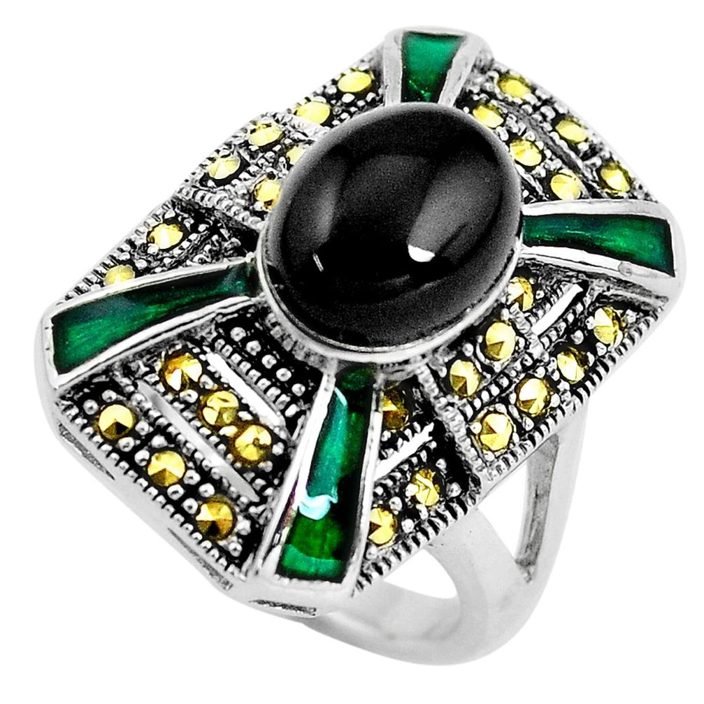 925 silver 4.36cts natural black onyx oval marcasite enamel ring size 7 c3118