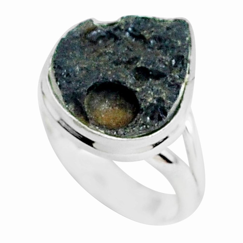925 silver 12.58cts natural black tektite solitaire ring jewelry size 8.5 p46054
