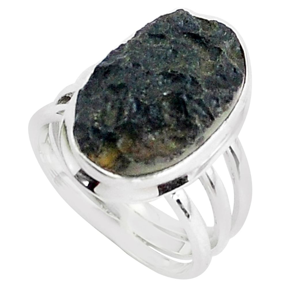 925 silver 14.72cts natural black tektite solitaire ring jewelry size 9 p46057