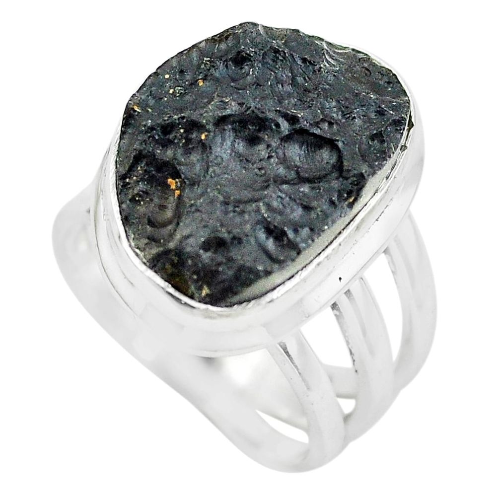 925 silver 10.81cts natural black tektite solitaire ring jewelry size 5.5 p61449