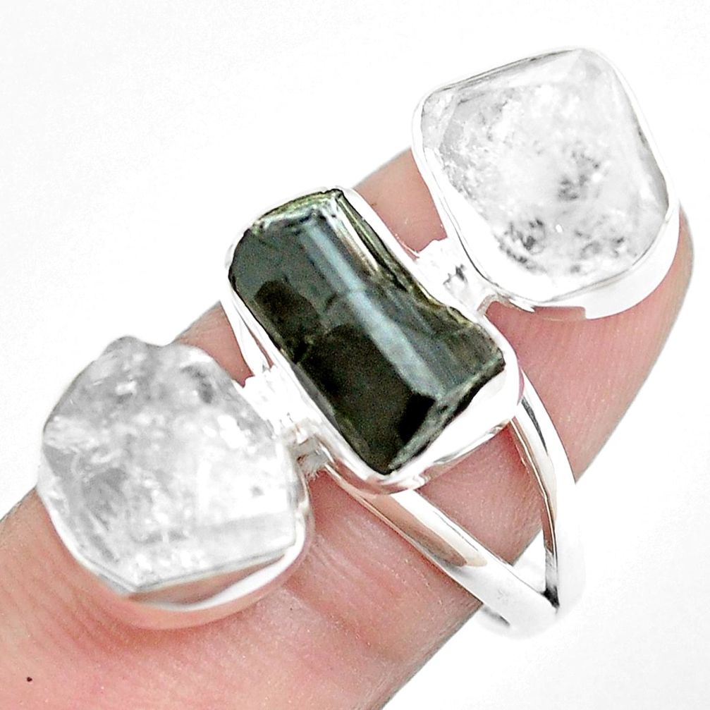 925 silver 16.43cts natural black tourmaline rough fancy ring size 8.5 p44310