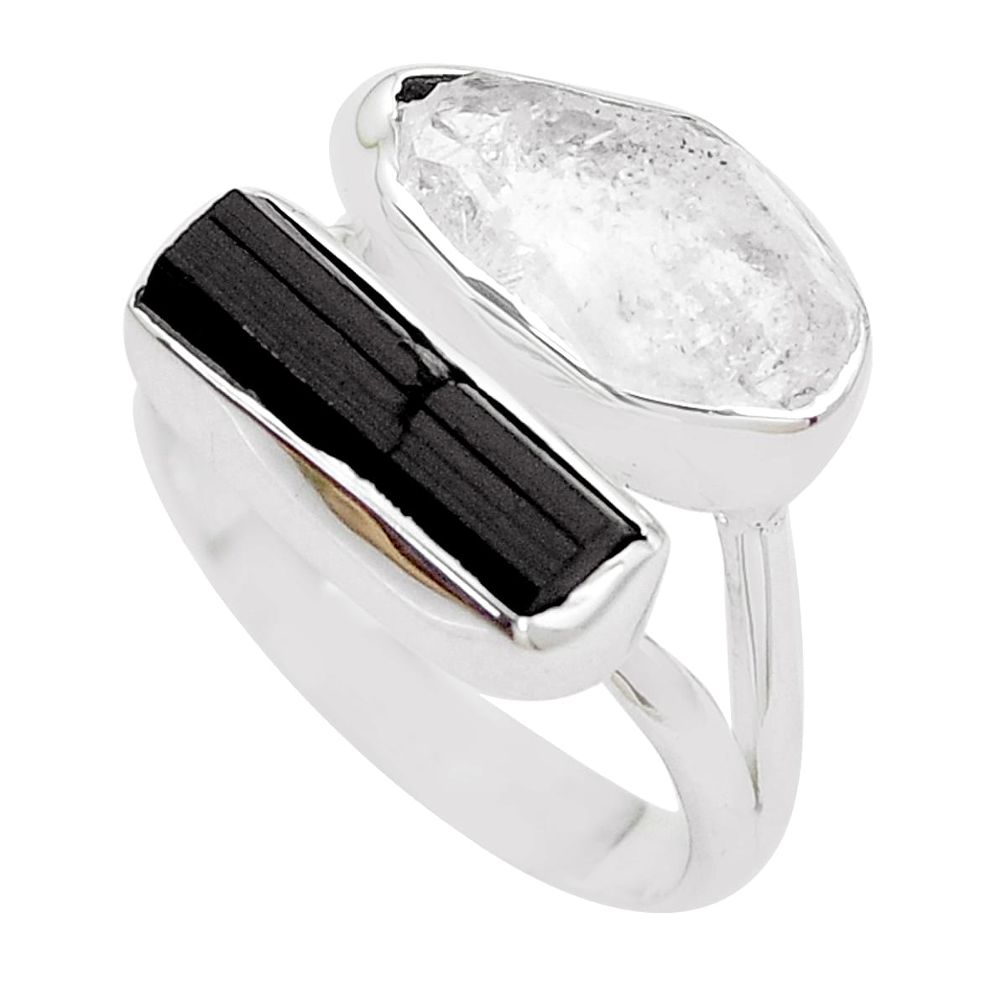 925 silver natural black tourmaline rough herkimer diamond ring size 8 p35734