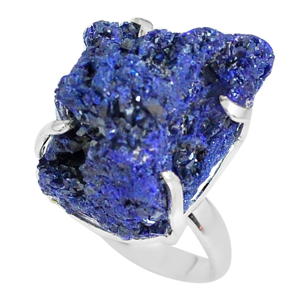 925 silver 37.76cts natural blue azurite druzy solitaire ring size 8 p63408