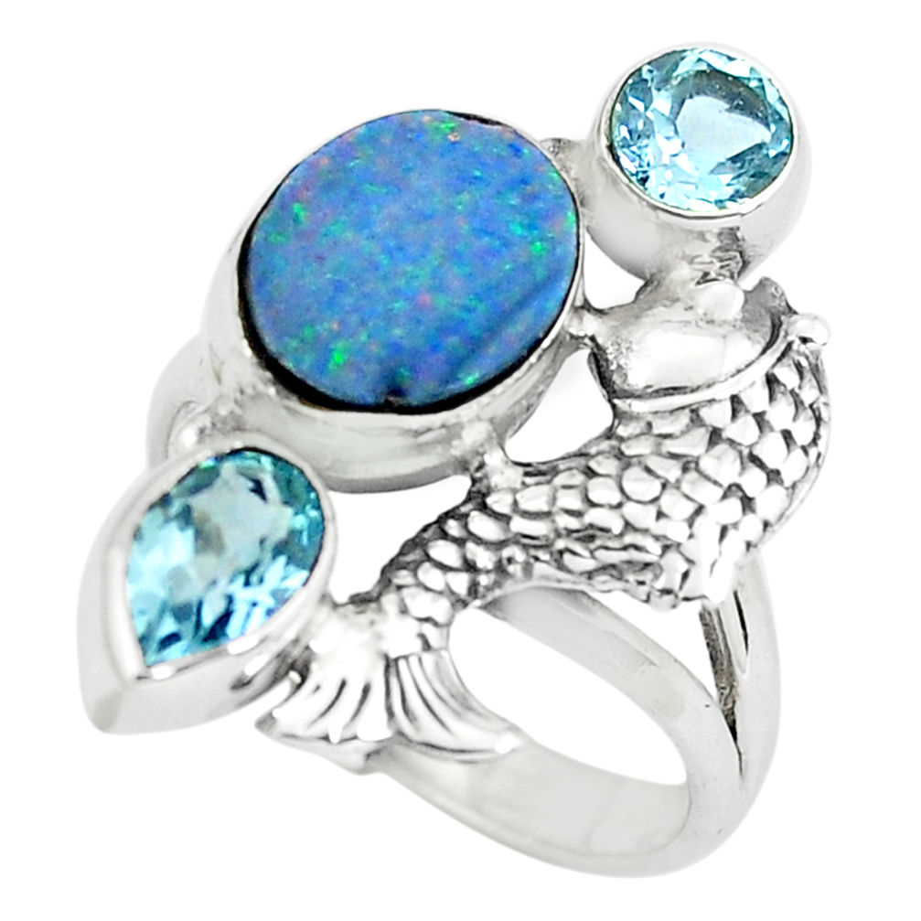 925 silver 6.54cts natural blue doublet opal australian fish ring size 8 p61076