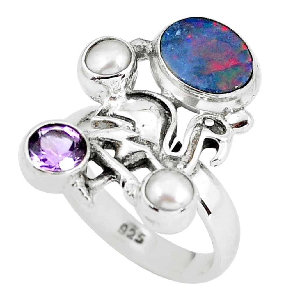 925 silver natural blue doublet opal australian flamingo ring size 7.5 p60285