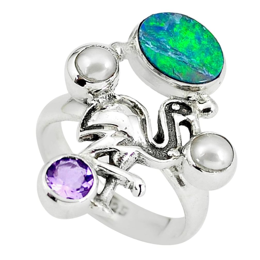 925 silver natural blue doublet opal australian flamingo ring size 8 p60309